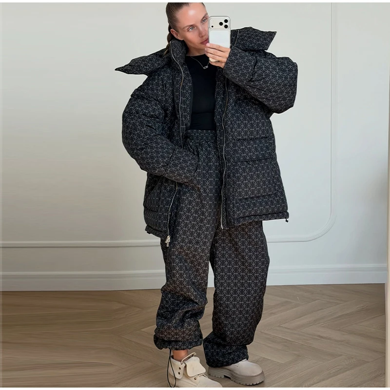 Fashion Print Hooded Puffer Coat Set Women Quilted High Neck Full Sleeve Zip Pockets Jacket Wide Leg Pants 2026 Winter Warm Sets