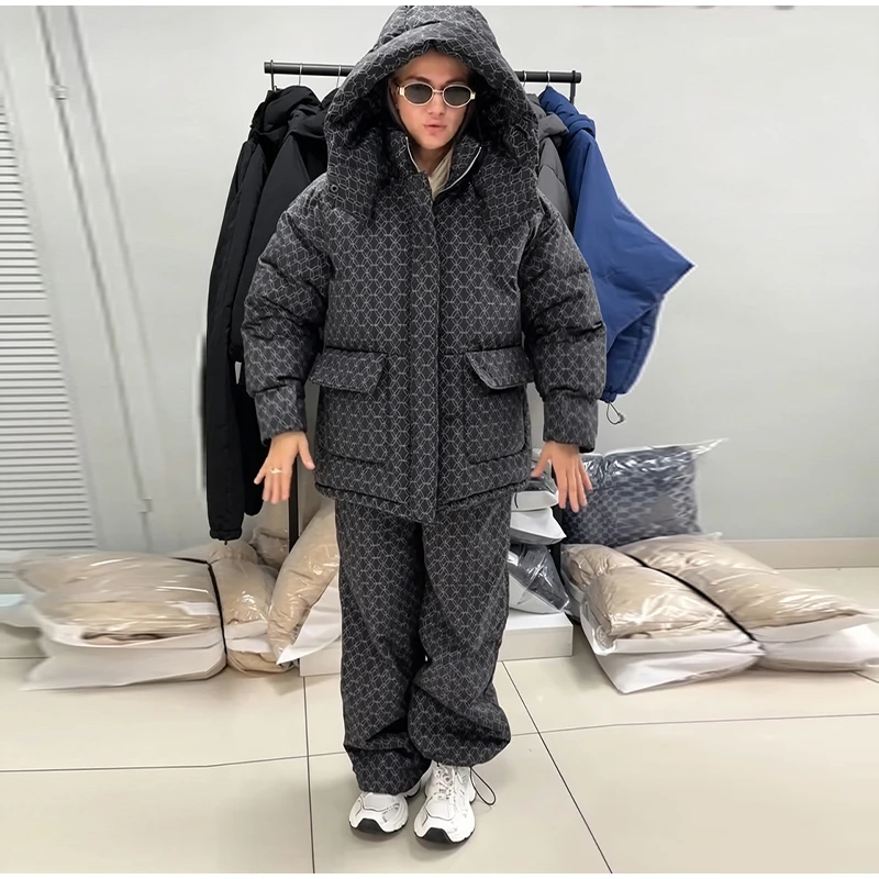 Fashion Print Hooded Puffer Coat Set Women Quilted High Neck Full Sleeve Zip Pockets Jacket Wide Leg Pants 2026 Winter Warm Sets