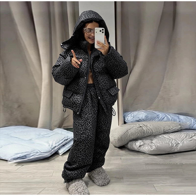 Fashion Print Hooded Puffer Coat Set Women Quilted High Neck Full Sleeve Zip Pockets Jacket Wide Leg Pants 2026 Winter Warm Sets