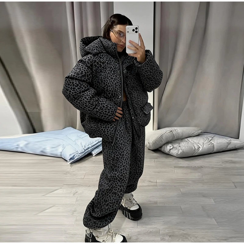 Fashion Print Hooded Puffer Coat Set Women Quilted High Neck Full Sleeve Zip Pockets Jacket Wide Leg Pants 2026 Winter Warm Sets