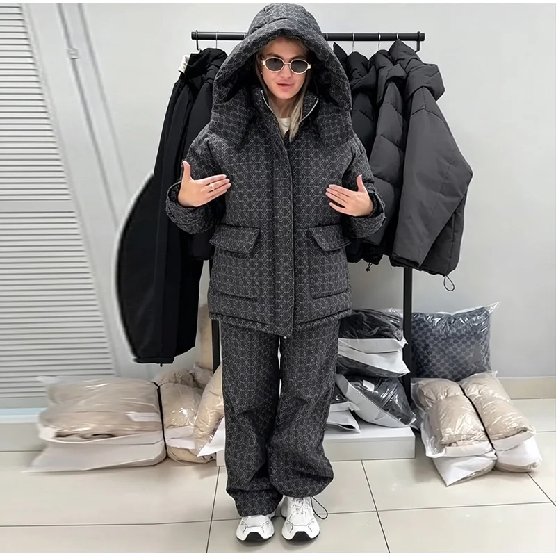 Fashion Print Hooded Puffer Coat Set Women Quilted High Neck Full Sleeve Zip Pockets Jacket Wide Leg Pants 2026 Winter Warm Sets