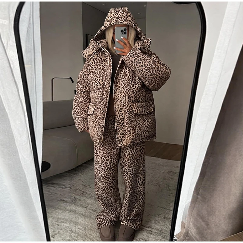 Fashion Print Hooded Puffer Coat Set Women Quilted High Neck Full Sleeve Zip Pockets Jacket Wide Leg Pants 2026 Winter Warm Sets