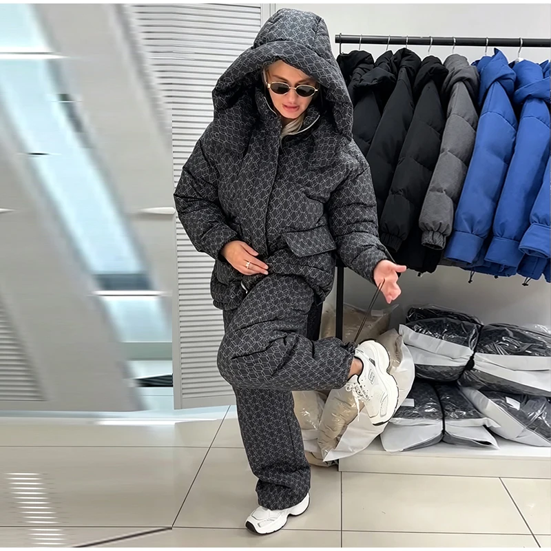 Fashion Print Hooded Puffer Coat Set Women Quilted High Neck Full Sleeve Zip Pockets Jacket Wide Leg Pants 2026 Winter Warm Sets