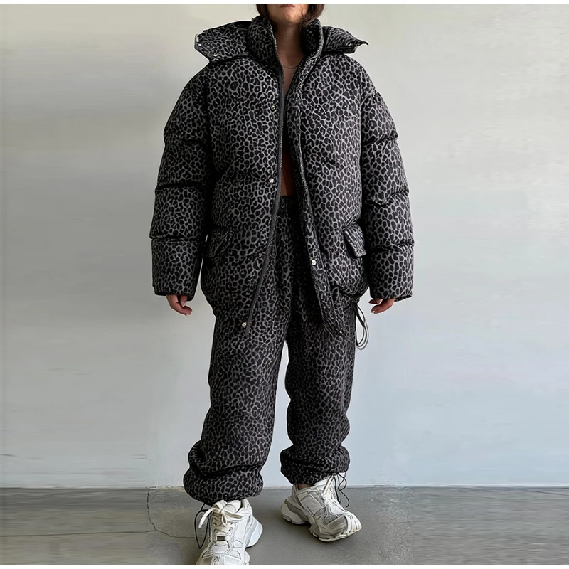 Fashion Print Hooded Puffer Coat Set Women Quilted High Neck Full Sleeve Zip Pockets Jacket Wide Leg Pants 2026 Winter Warm Sets