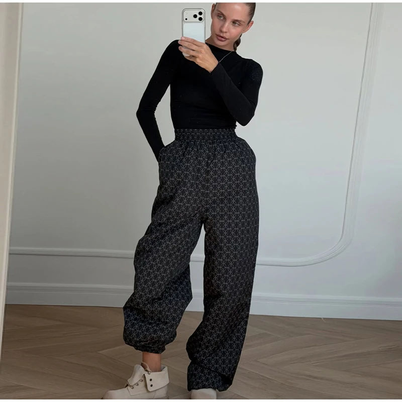 Fashion Print Hooded Puffer Coat Set Women Quilted High Neck Full Sleeve Zip Pockets Jacket Wide Leg Pants 2026 Winter Warm Sets