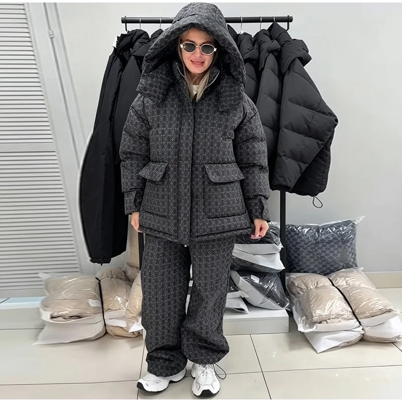 Fashion Print Hooded Puffer Coat Set Women Quilted High Neck Full Sleeve Zip Pockets Jacket Wide Leg Pants 2026 Winter Warm Sets