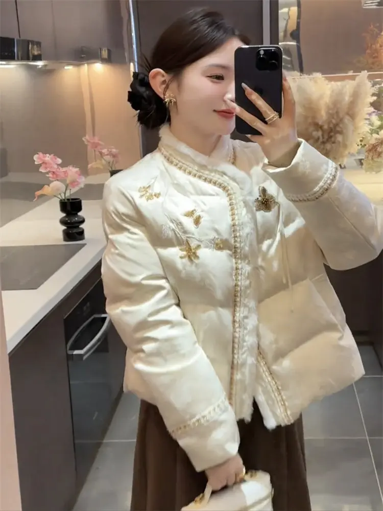 New Chinese Style Down Cotton Jacket Women Traditional Embroidery Jacquard Thick Parkas Woman Elegant Stand Collar Padded Jacket