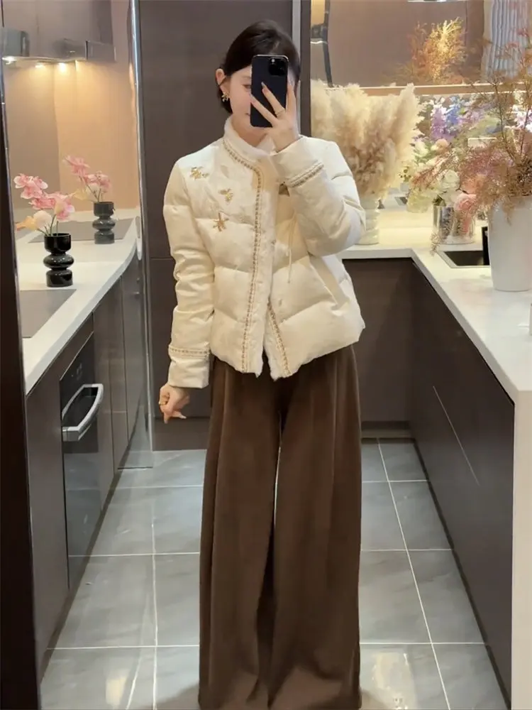 New Chinese Style Down Cotton Jacket Women Traditional Embroidery Jacquard Thick Parkas Woman Elegant Stand Collar Padded Jacket