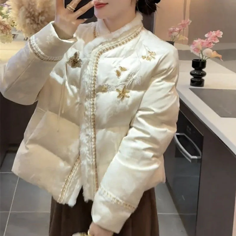 New Chinese Style Down Cotton Jacket Women Traditional Embroidery Jacquard Thick Parkas Woman Elegant Stand Collar Padded Jacket