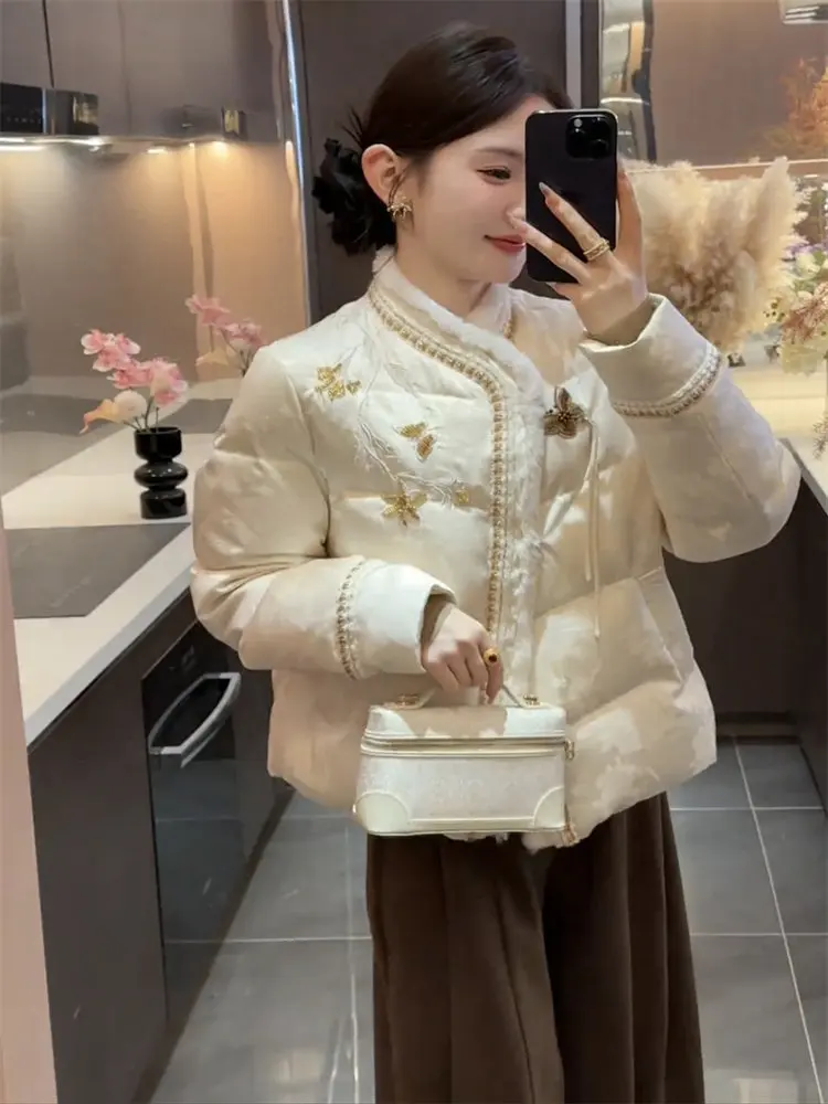 New Chinese Style Down Cotton Jacket Women Traditional Embroidery Jacquard Thick Parkas Woman Elegant Stand Collar Padded Jacket