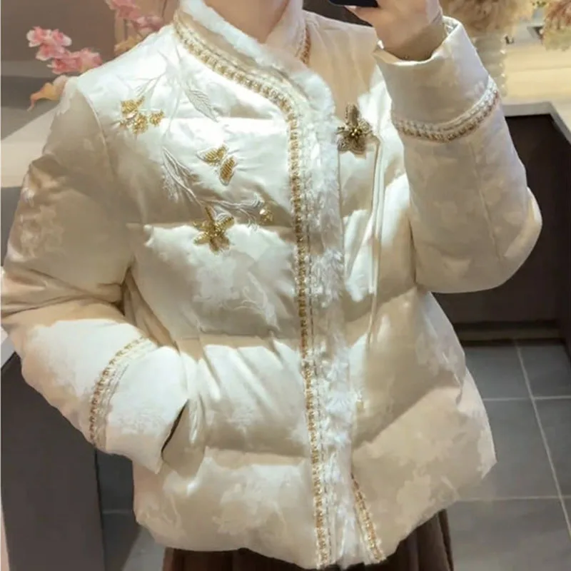 New Chinese Style Down Cotton Jacket Women Traditional Embroidery Jacquard Thick Parkas Woman Elegant Stand Collar Padded Jacket