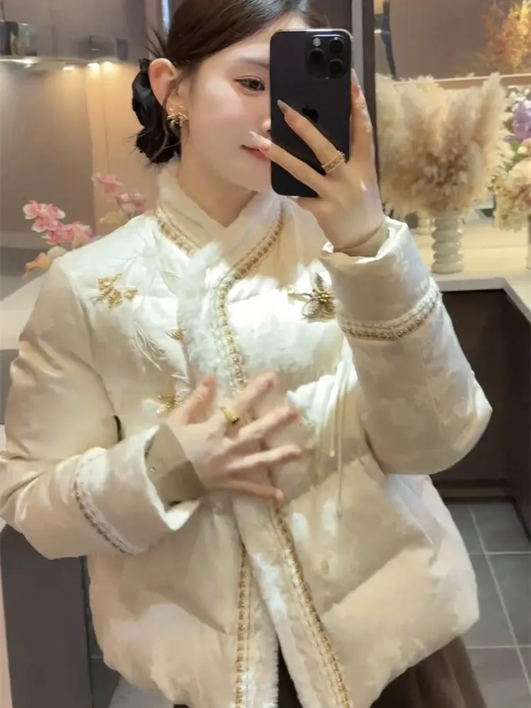 New Chinese Style Down Cotton Jacket Women Traditional Embroidery Jacquard Thick Parkas Woman Elegant Stand Collar Padded Jacket