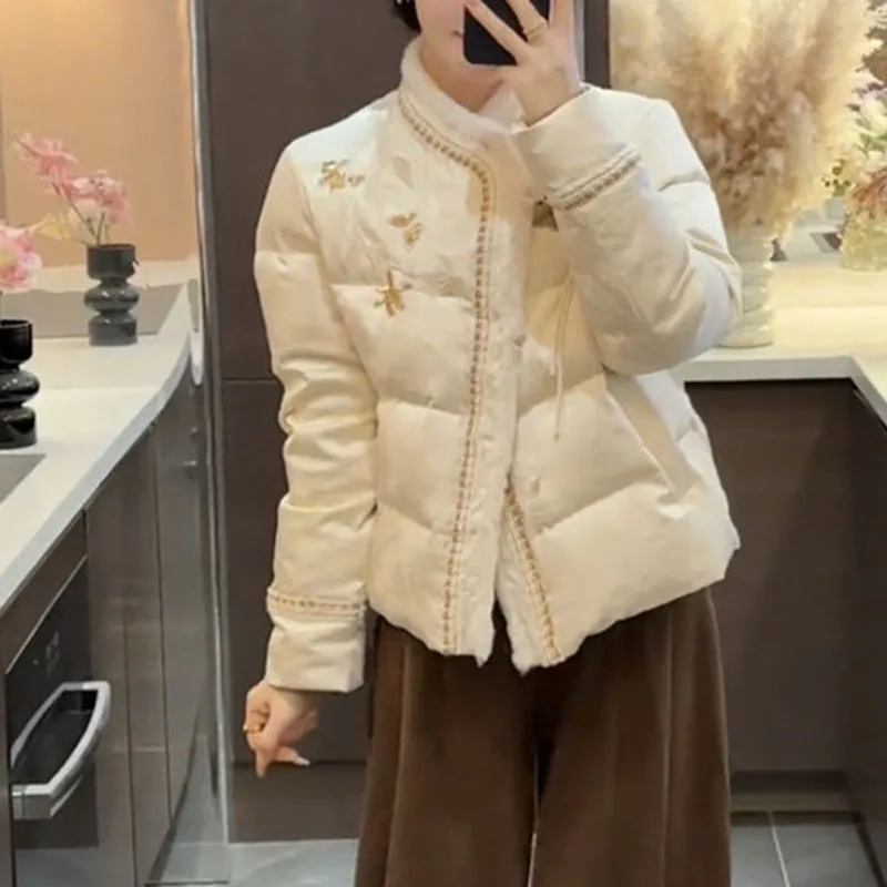 New Chinese Style Down Cotton Jacket Women Traditional Embroidery Jacquard Thick Parkas Woman Elegant Stand Collar Padded Jacket