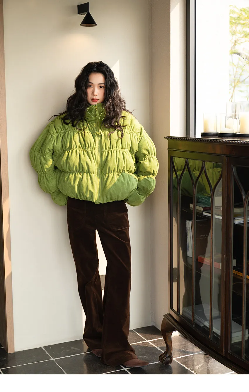 Korean Ruched Cropped Puffer Jacket for Women Winter Sweet Bubble Sleeve Padded Parkas Female Green Stand Collar Warm Outerwear