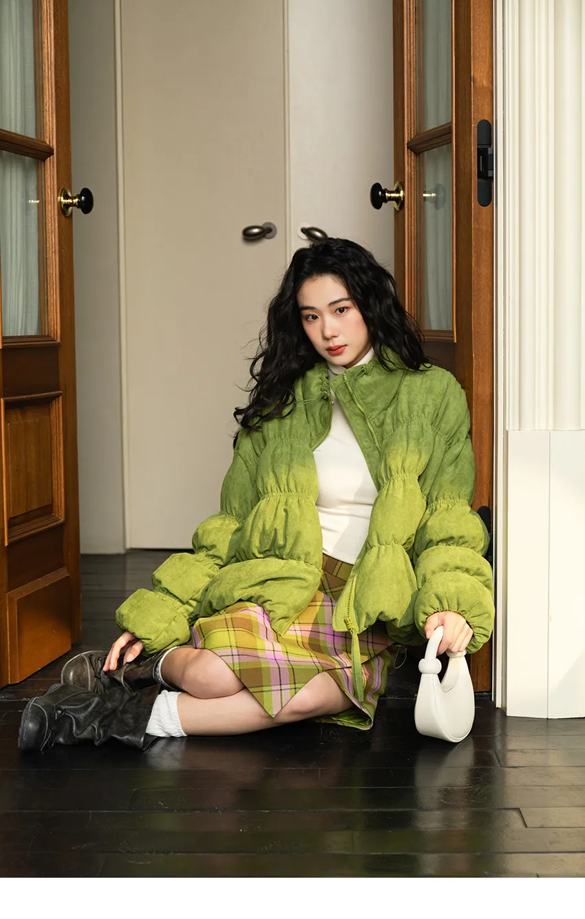 Korean Ruched Cropped Puffer Jacket for Women Winter Sweet Bubble Sleeve Padded Parkas Female Green Stand Collar Warm Outerwear