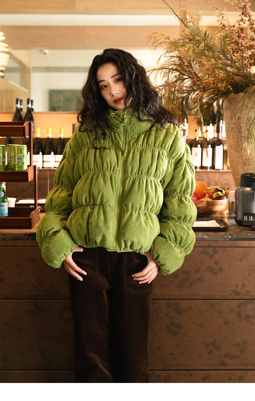 Korean Ruched Cropped Puffer Jacket for Women Winter Sweet Bubble Sleeve Padded Parkas Female Green Stand Collar Warm Outerwear