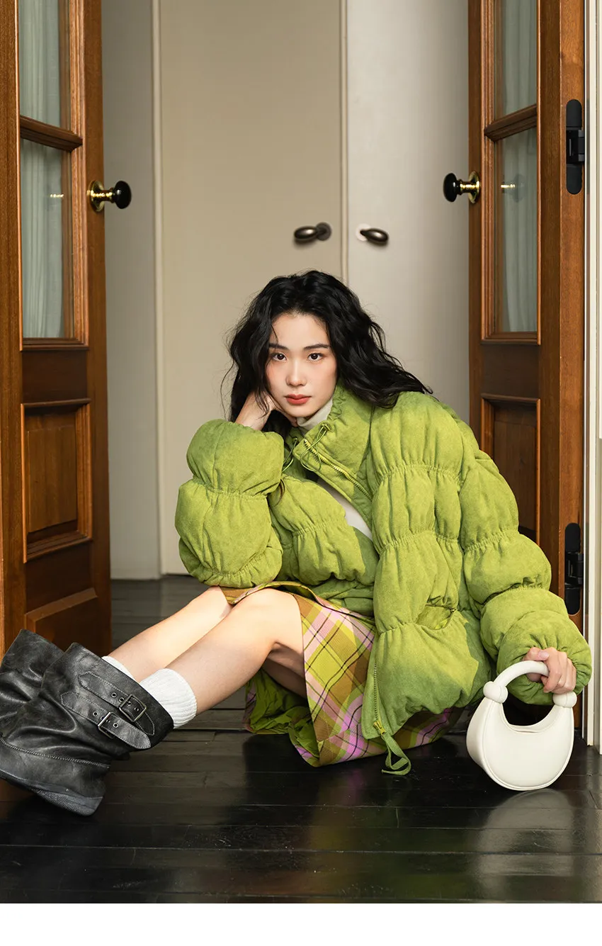 Korean Ruched Cropped Puffer Jacket for Women Winter Sweet Bubble Sleeve Padded Parkas Female Green Stand Collar Warm Outerwear