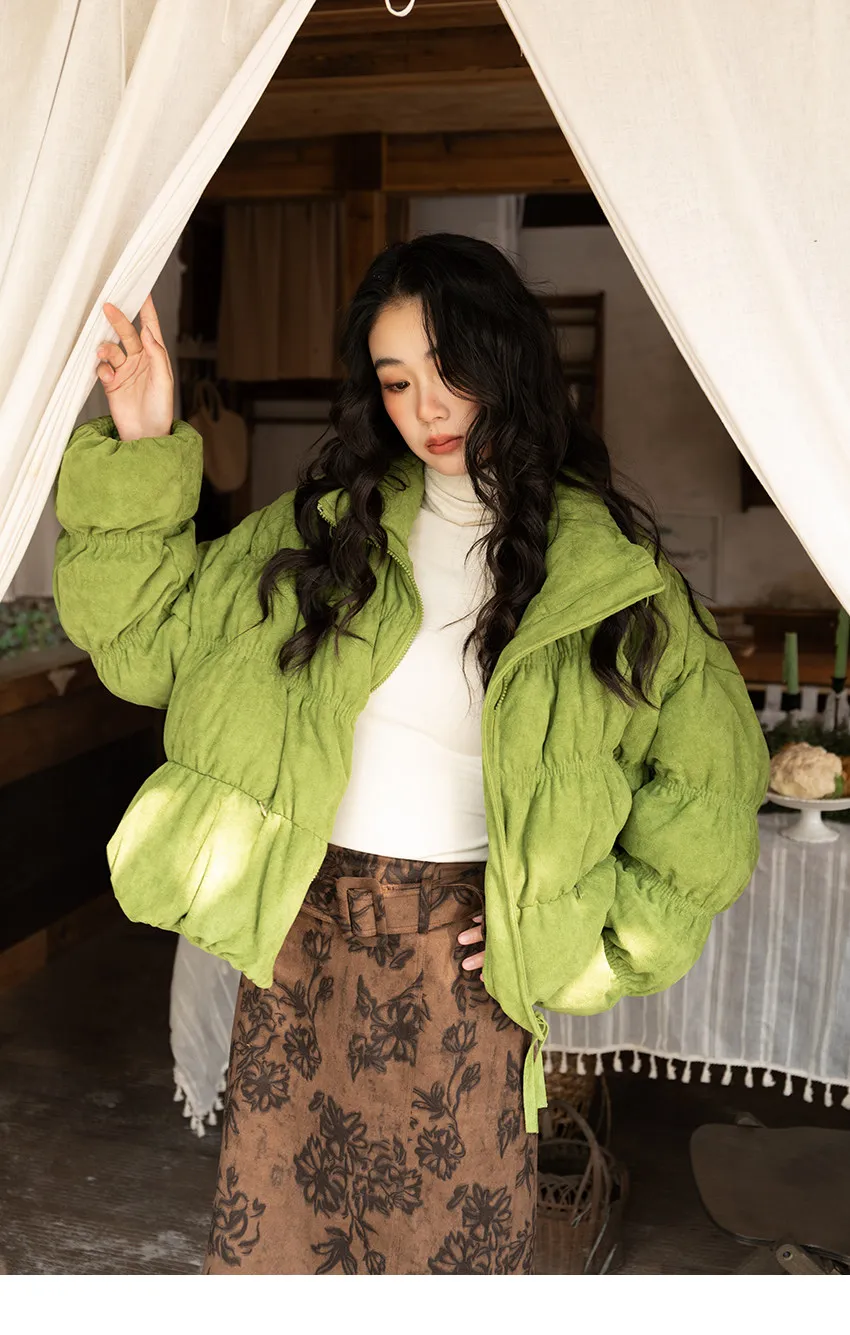 Korean Ruched Cropped Puffer Jacket for Women Winter Sweet Bubble Sleeve Padded Parkas Female Green Stand Collar Warm Outerwear