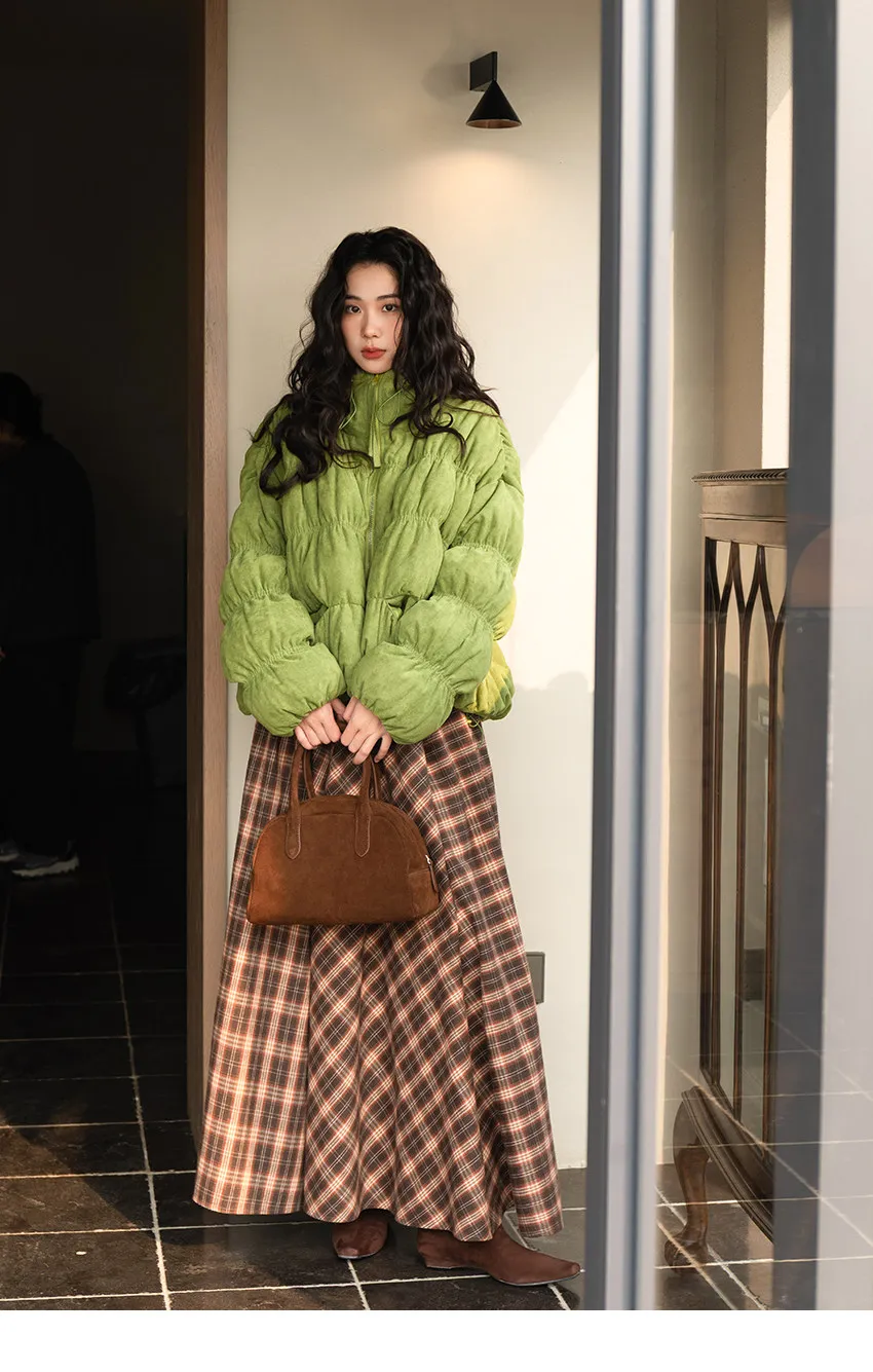 Korean Ruched Cropped Puffer Jacket for Women Winter Sweet Bubble Sleeve Padded Parkas Female Green Stand Collar Warm Outerwear