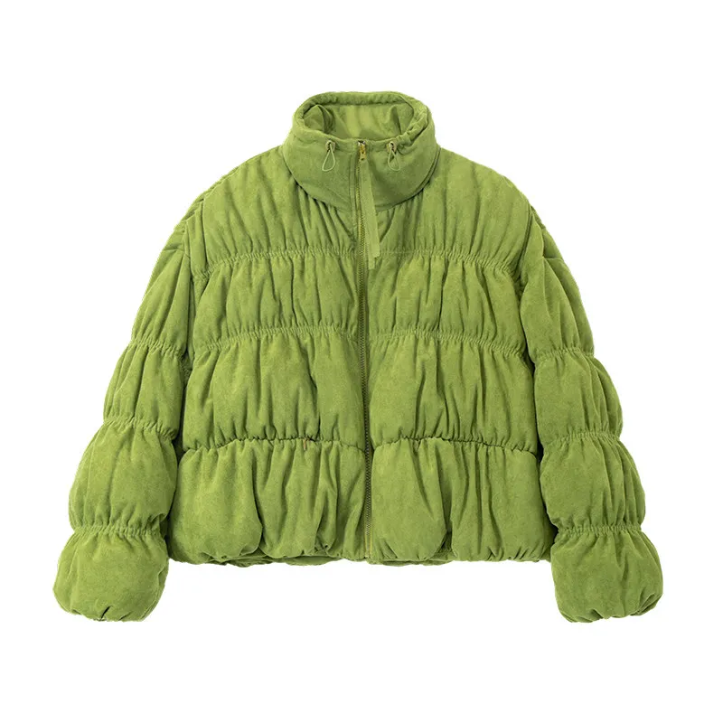 Korean Ruched Cropped Puffer Jacket for Women Winter Sweet Bubble Sleeve Padded Parkas Female Green Stand Collar Warm Outerwear
