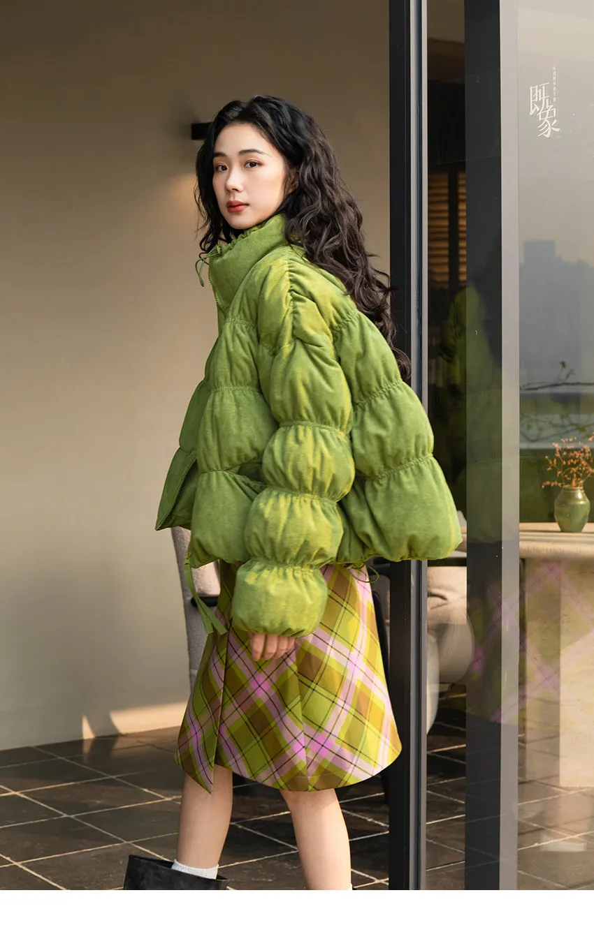 Korean Ruched Cropped Puffer Jacket for Women Winter Sweet Bubble Sleeve Padded Parkas Female Green Stand Collar Warm Outerwear