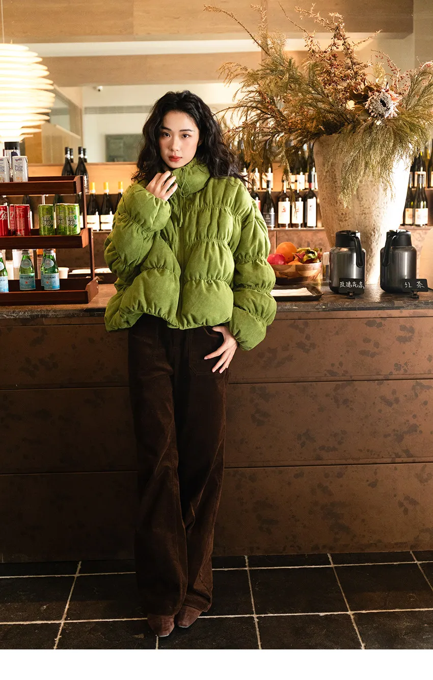 Korean Ruched Cropped Puffer Jacket for Women Winter Sweet Bubble Sleeve Padded Parkas Female Green Stand Collar Warm Outerwear