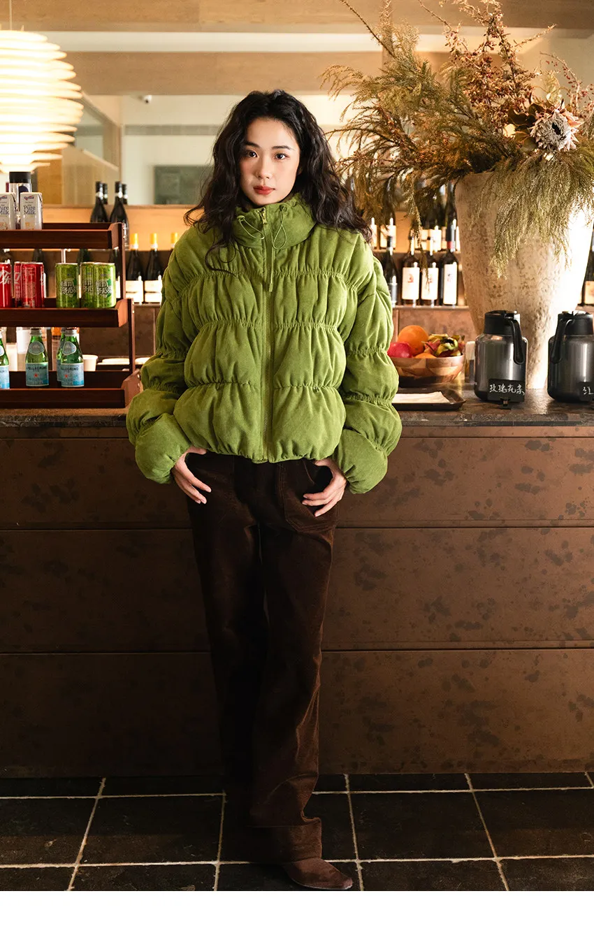 Korean Ruched Cropped Puffer Jacket for Women Winter Sweet Bubble Sleeve Padded Parkas Female Green Stand Collar Warm Outerwear