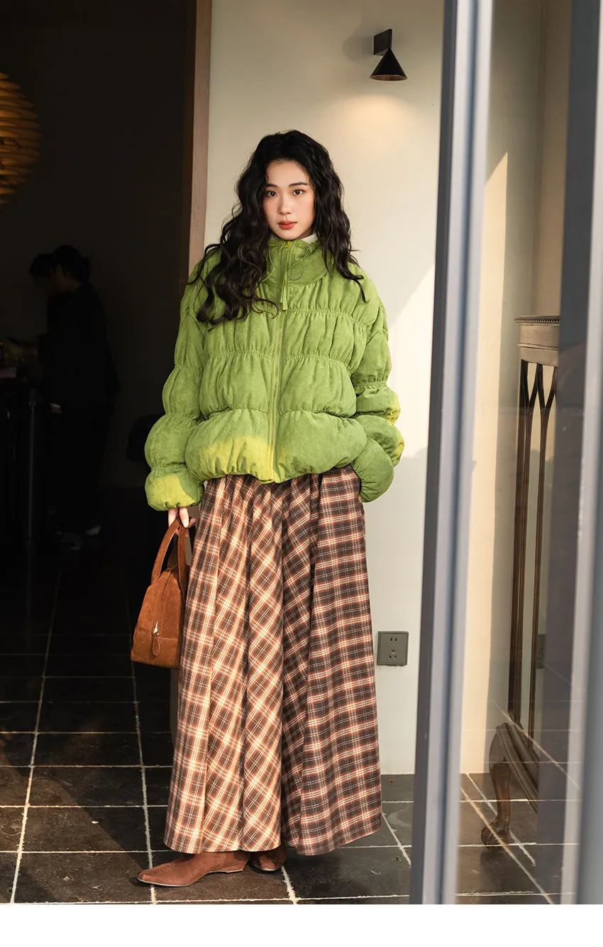 Korean Ruched Cropped Puffer Jacket for Women Winter Sweet Bubble Sleeve Padded Parkas Female Green Stand Collar Warm Outerwear