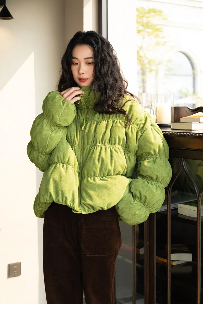 Korean Ruched Cropped Puffer Jacket for Women Winter Sweet Bubble Sleeve Padded Parkas Female Green Stand Collar Warm Outerwear
