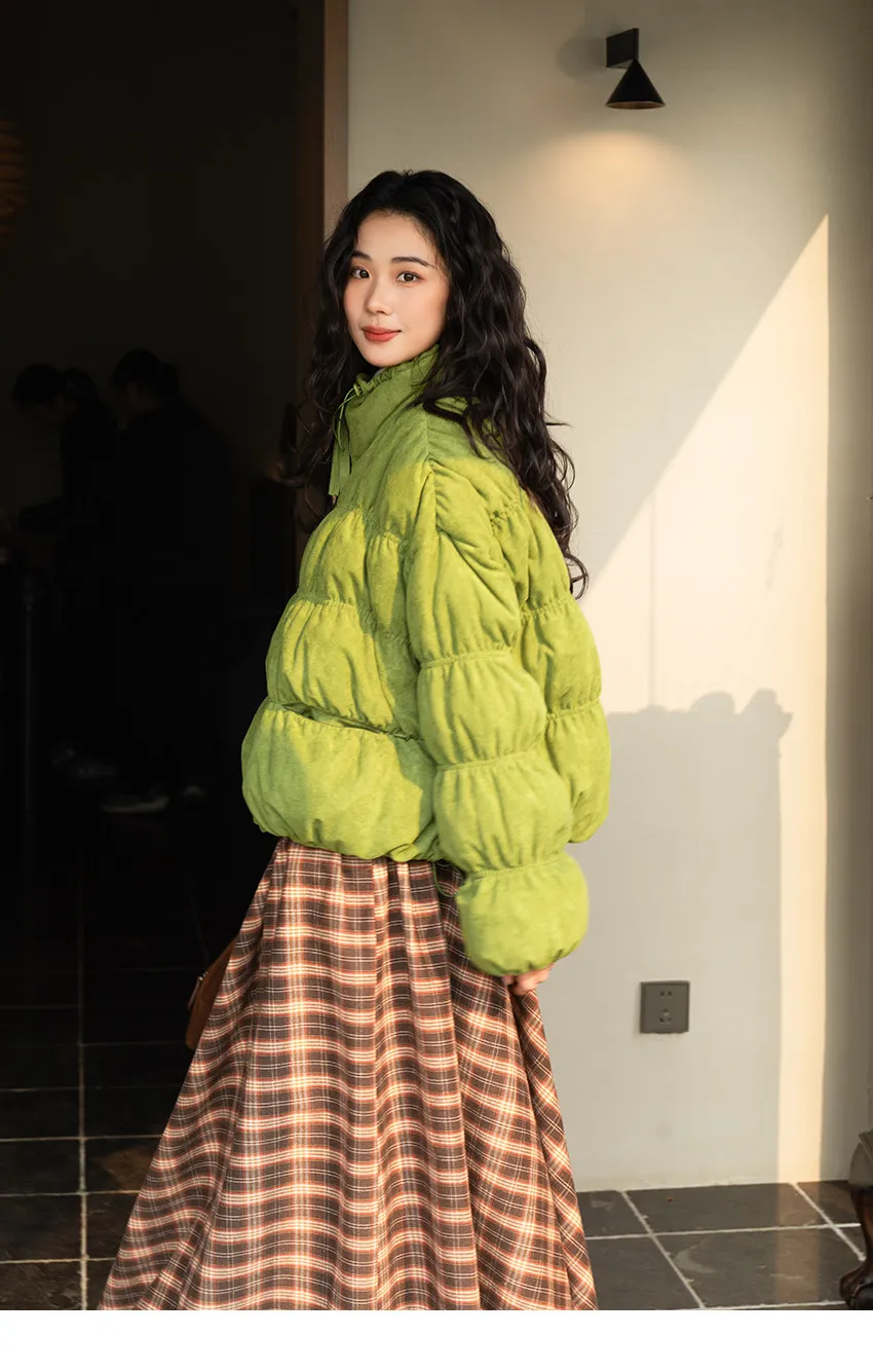 Korean Ruched Cropped Puffer Jacket for Women Winter Sweet Bubble Sleeve Padded Parkas Female Green Stand Collar Warm Outerwear
