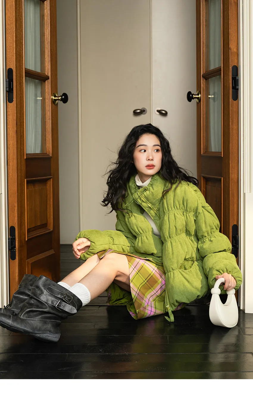 Korean Ruched Cropped Puffer Jacket for Women Winter Sweet Bubble Sleeve Padded Parkas Female Green Stand Collar Warm Outerwear