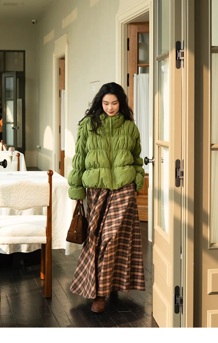 Korean Ruched Cropped Puffer Jacket for Women Winter Sweet Bubble Sleeve Padded Parkas Female Green Stand Collar Warm Outerwear