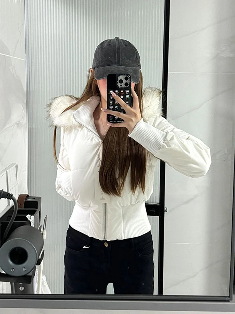 White Hooded Parkas Women Fashion Pink Faux Fur Patchwork Puffer Jacket Korean Zipper Down Coats Winter Cotton Padded Outerwears