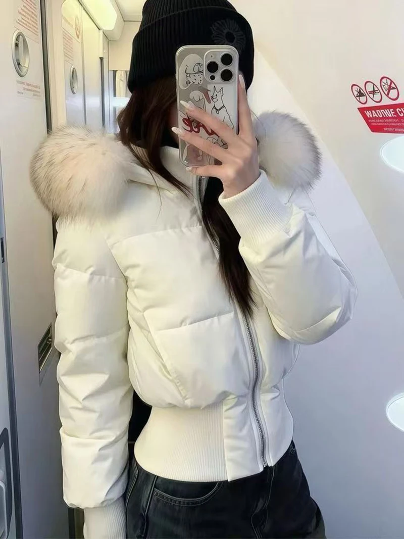 White Hooded Parkas Women Fashion Pink Faux Fur Patchwork Puffer Jacket Korean Zipper Down Coats Winter Cotton Padded Outerwears