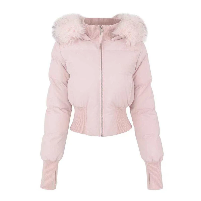 White Hooded Parkas Women Fashion Pink Faux Fur Patchwork Puffer Jacket Korean Zipper Down Coats Winter Cotton Padded Outerwears