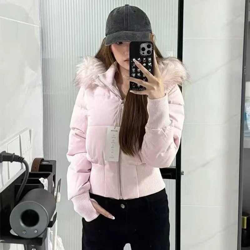 White Hooded Parkas Women Fashion Pink Faux Fur Patchwork Puffer Jacket Korean Zipper Down Coats Winter Cotton Padded Outerwears