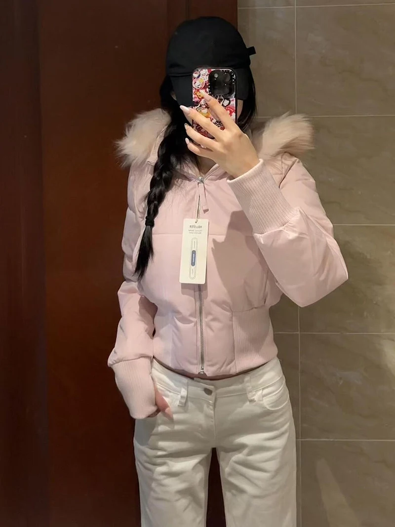 White Hooded Parkas Women Fashion Pink Faux Fur Patchwork Puffer Jacket Korean Zipper Down Coats Winter Cotton Padded Outerwears