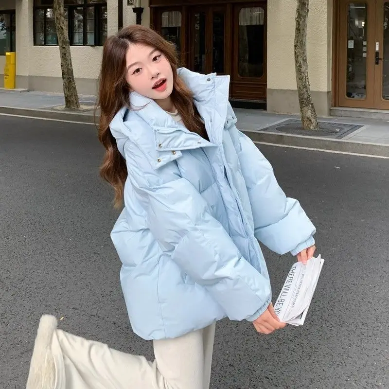 Milk Blue Fashionable Hooded Down Cotton Jacket For Women's Winter 2025 New Design Loose And Thick Warm Jacket Winter Coat Blue
