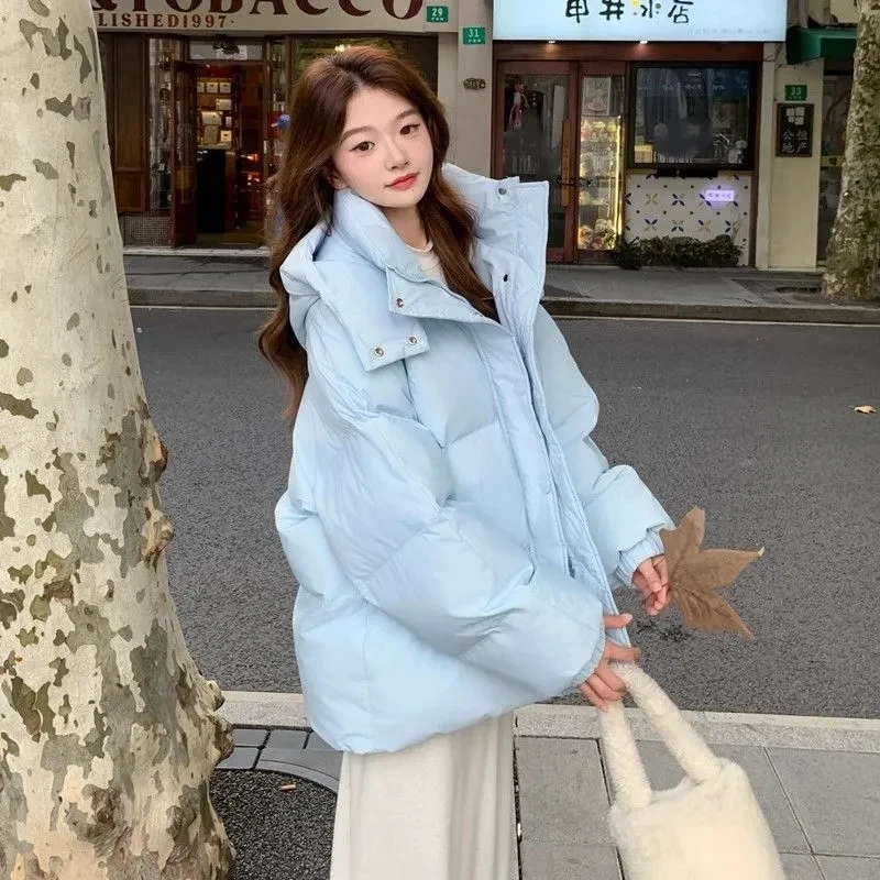 Milk Blue Fashionable Hooded Down Cotton Jacket For Women's Winter 2025 New Design Loose And Thick Warm Jacket Winter Coat Blue