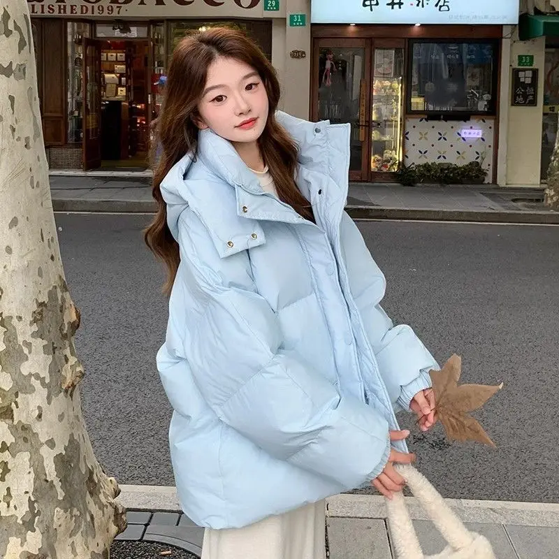 Milk Blue Fashionable Hooded Down Cotton Jacket For Women's Winter 2025 New Design Loose And Thick Warm Jacket Winter Coat Blue