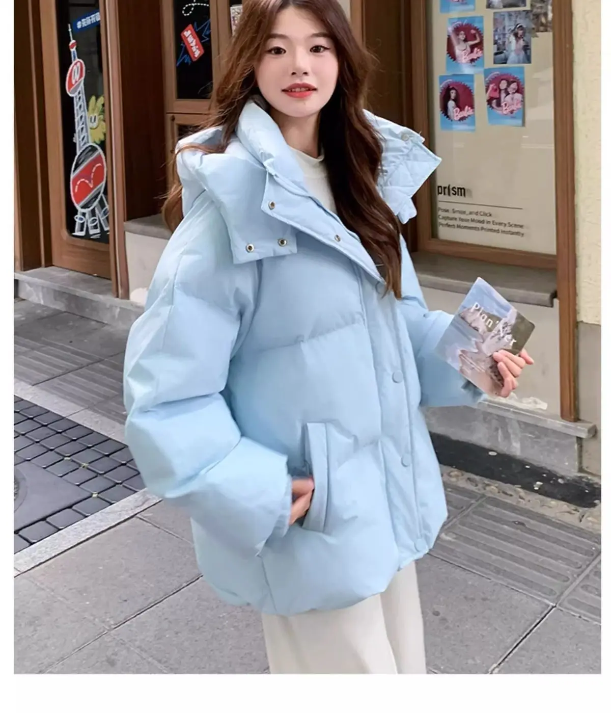 Milk Blue Fashionable Hooded Down Cotton Jacket For Women's Winter 2025 New Design Loose And Thick Warm Jacket Winter Coat Blue
