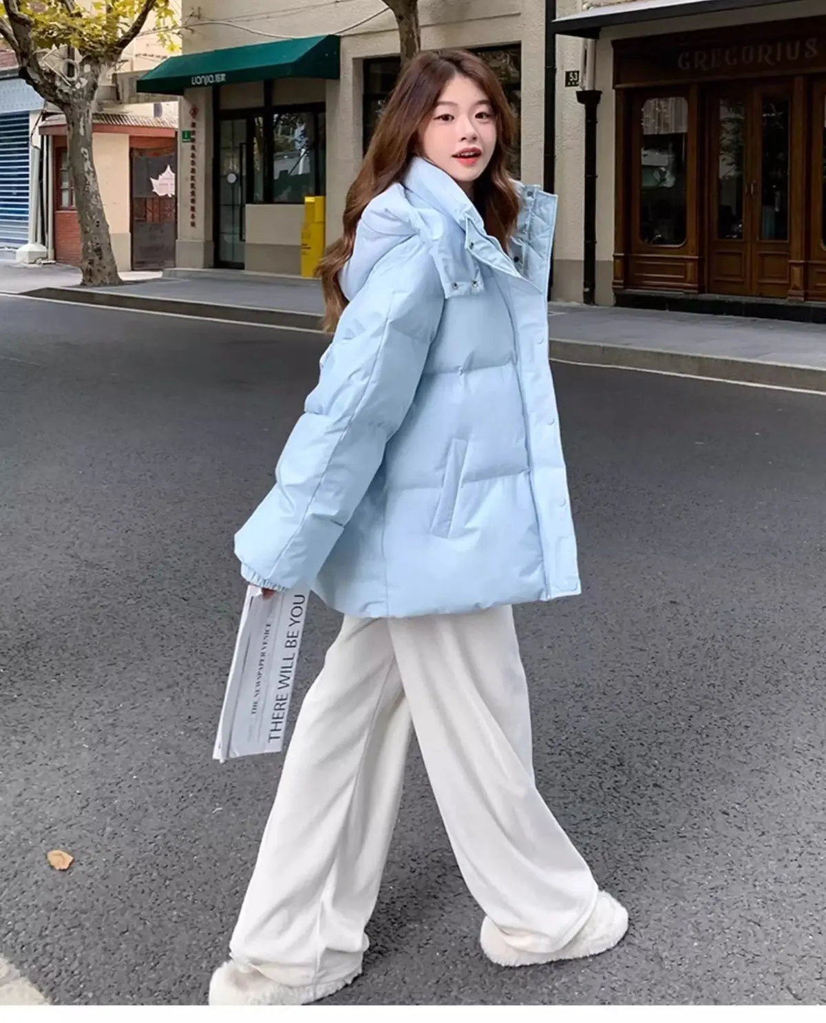 Milk Blue Fashionable Hooded Down Cotton Jacket For Women's Winter 2025 New Design Loose And Thick Warm Jacket Winter Coat Blue