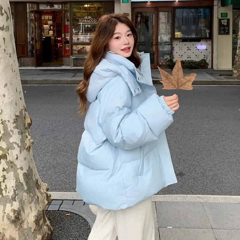 Milk Blue Fashionable Hooded Down Cotton Jacket For Women's Winter 2025 New Design Loose And Thick Warm Jacket Winter Coat Blue