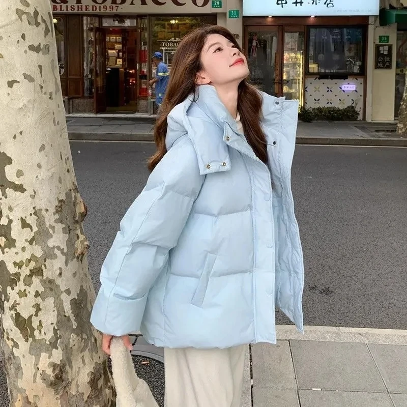Milk Blue Fashionable Hooded Down Cotton Jacket For Women's Winter 2025 New Design Loose And Thick Warm Jacket Winter Coat Blue
