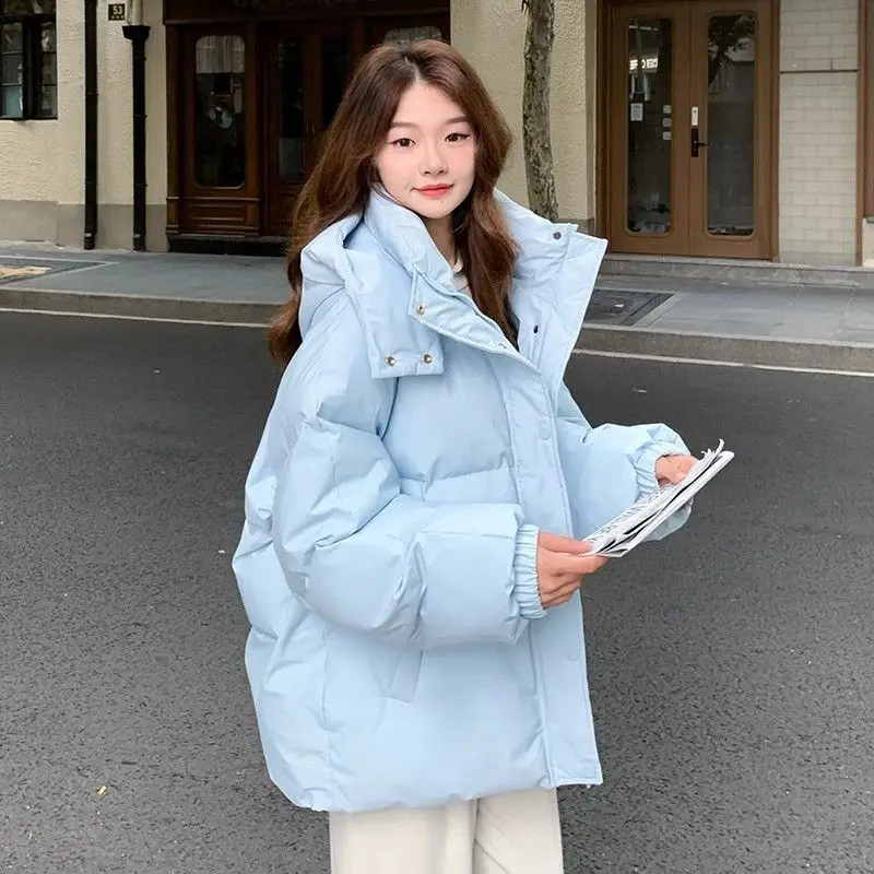 Milk Blue Fashionable Hooded Down Cotton Jacket For Women's Winter 2025 New Design Loose And Thick Warm Jacket Winter Coat Blue