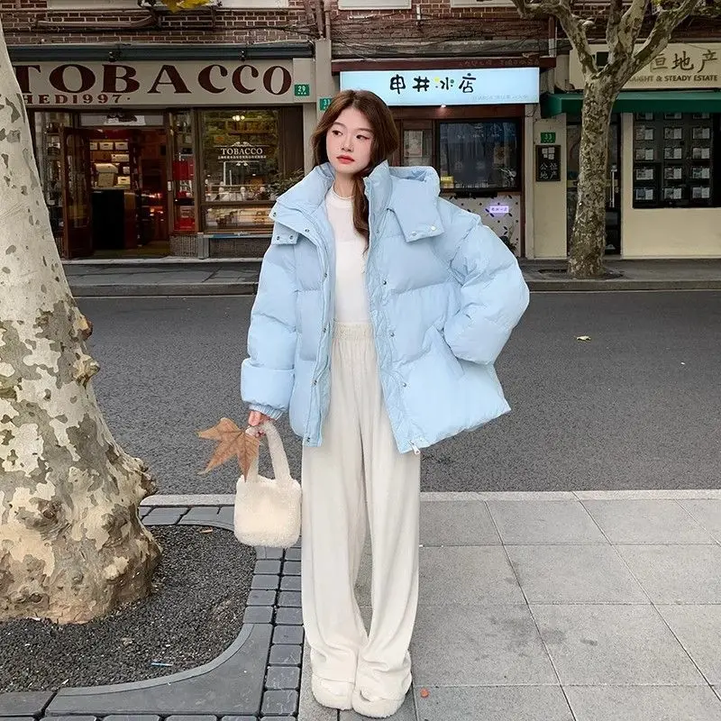 Milk Blue Fashionable Hooded Down Cotton Jacket For Women's Winter 2025 New Design Loose And Thick Warm Jacket Winter Coat Blue