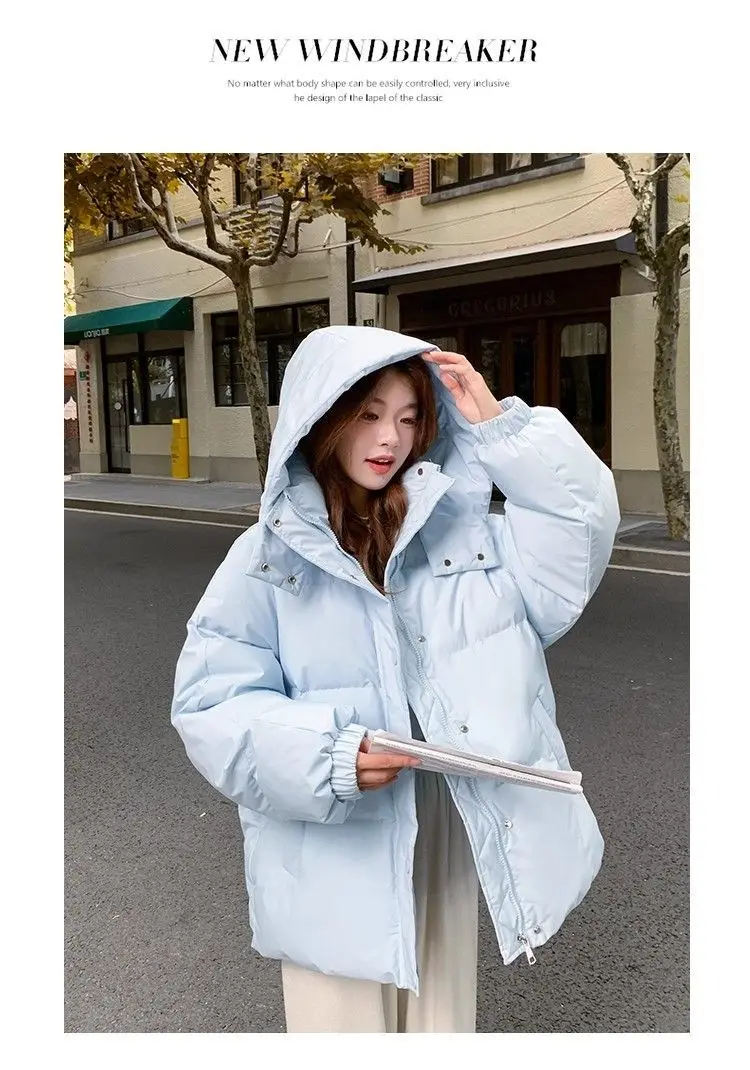 Milk Blue Fashionable Hooded Down Cotton Jacket For Women's Winter 2025 New Design Loose And Thick Warm Jacket Winter Coat Blue