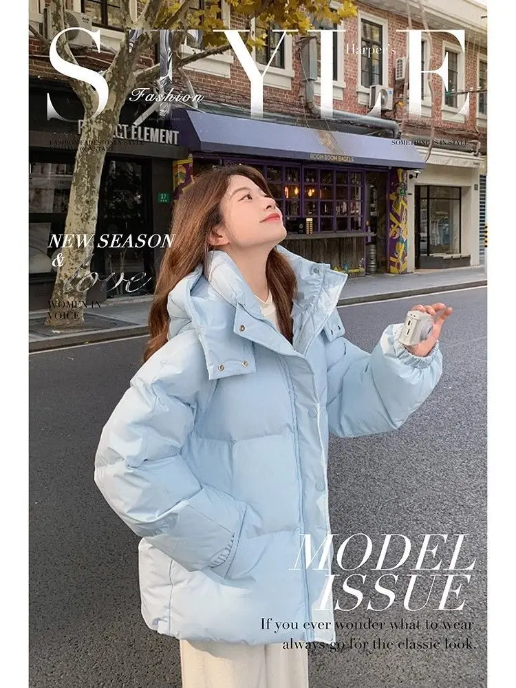 Milk Blue Fashionable Hooded Down Cotton Jacket For Women's Winter 2025 New Design Loose And Thick Warm Jacket Winter Coat Blue