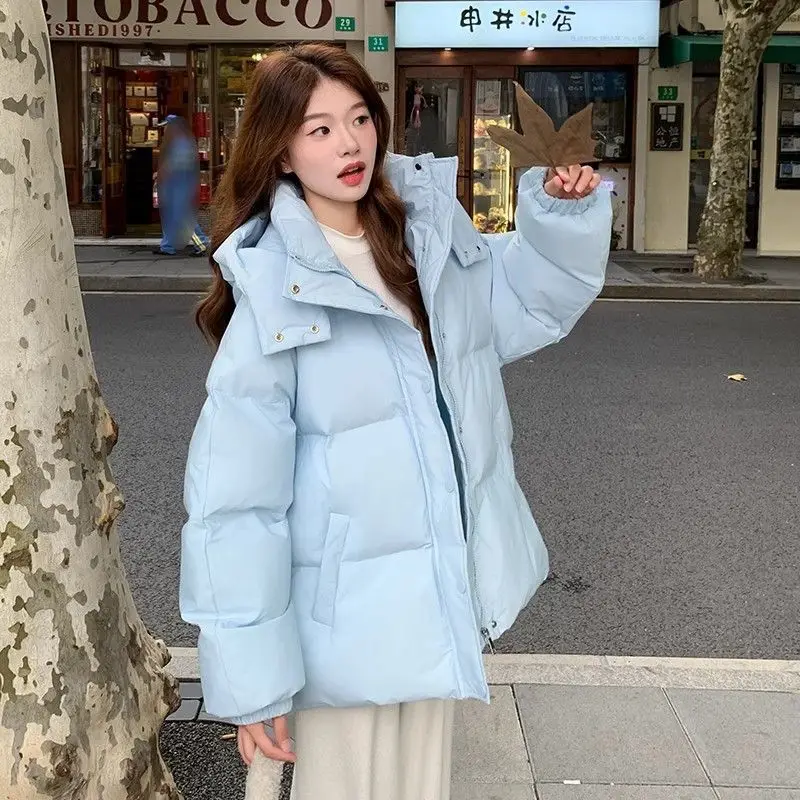 Milk Blue Fashionable Hooded Down Cotton Jacket For Women's Winter 2025 New Design Loose And Thick Warm Jacket Winter Coat Blue