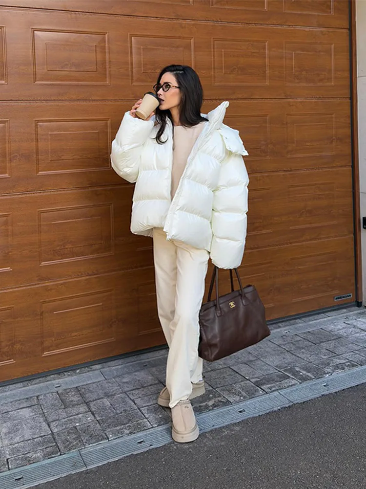 Detachable Hooded Women's Cotton Jacket lacquered Long Sleeve Zipper Pocket Female Coats Oversized Loose Casual Coats For Ladies